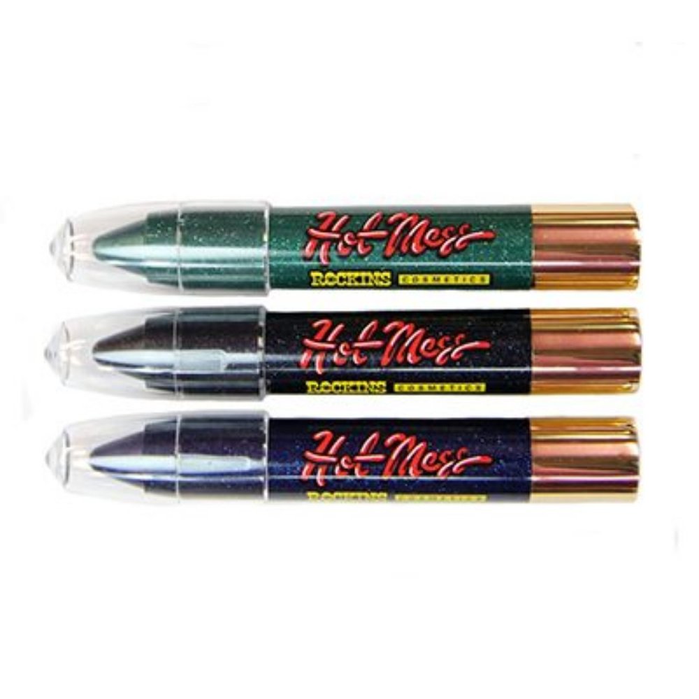 Rockins cosmetics glitter gel eye pens in black blue and green